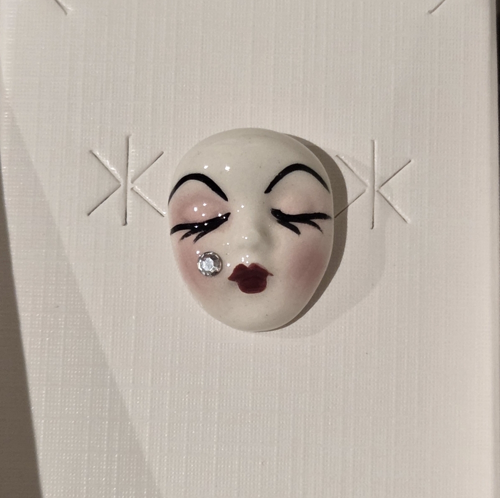 Vintage Fancy Faces Brooch Pin Handpainted Porcelain Mask Sleeping w Rhinestone
